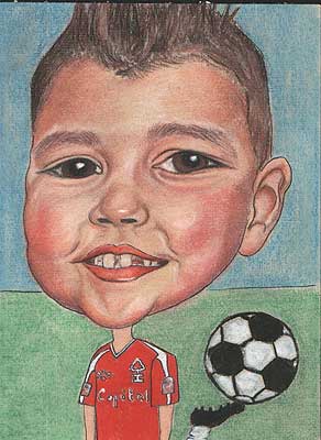 Commissioned pastel caricature of young boy with football