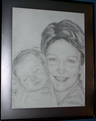 commissioned pencil drawing of mother and baby